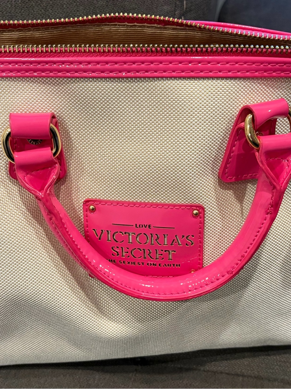 Victoria's Secret Cream Tote with Hot Pink Patent Trim